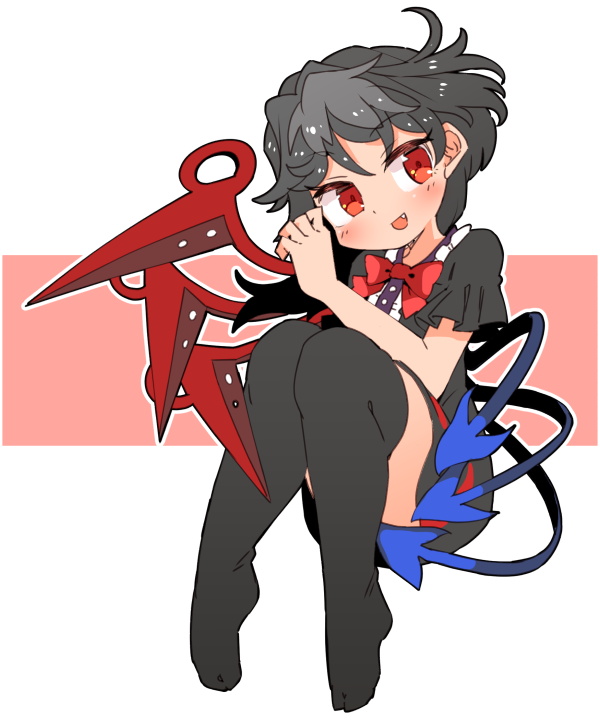 1girl bent_knees black_dress black_hair bow dress fang full_body houjuu_nue ini_(inunabe00) medium_hair open_mouth puffy_short_sleeves puffy_sleeves red_bow red_eyes short_sleeves solo thigh-highs touhou wings