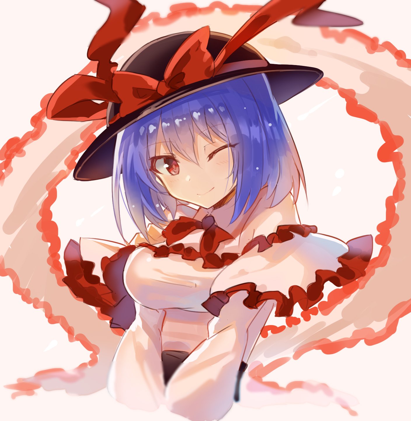 1girl adapted_costume bare_shoulders blue_hair bow breasts commentary_request eyebrows_visible_through_hair hat hat_bow highres large_breasts looking_at_viewer nagae_iku one_eye_closed red_bow red_eyes red_neckwear rin_falcon shawl short_hair smile solo touhou upper_body