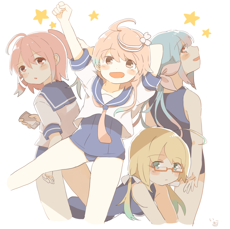 4girls ahoge arm_behind_head arm_up artist_name blonde_hair blue_eyes blue_hair blue_sailor_collar blush cellphone closed_mouth collarbone commentary eyebrows_visible_through_hair gradient_hair green_hair hair_between_eyes hair_ornament hair_ribbon holding holding_phone i-168_(kantai_collection) i-19_(kantai_collection) i-58_(kantai_collection) i-8_(kantai_collection) ina_(1813576) kantai_collection long_hair looking_at_viewer low_twintails multicolored_hair multiple_girls neckerchief one-piece_swimsuit open_mouth phone pink_eyes pink_hair pink_neckwear ponytail red_eyes red_ribbon redhead ribbon sailor_collar school_swimsuit school_uniform serafuku short_hair sidelocks simple_background smartphone smile star star-shaped_pupils swimsuit swimsuit_under_clothes symbol-shaped_pupils tri_tails twintails white_background white_ribbon
