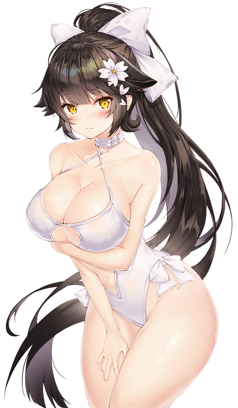 1girl azur_lane bangs bare_arms bare_shoulders black_hair blush breast_hold breasts casual_one-piece_swimsuit cleavage closed_mouth collarbone commentary covered_navel criss-cross_halter eyebrows_visible_through_hair floating_hair flower hair_between_eyes hair_flaps hair_flower hair_ornament hair_ribbon halterneck hand_on_own_thigh high_ponytail highres large_breasts leaning_forward legs_together long_hair looking_at_viewer mellozzo one-piece_swimsuit ponytail ribbon see-through shiny shiny_hair shiny_skin sidelocks simple_background solo standing swimsuit takao_(azur_lane) thick_thighs thighs twitter_username very_long_hair white_background white_flower white_ribbon white_swimsuit wide_hips yellow_eyes