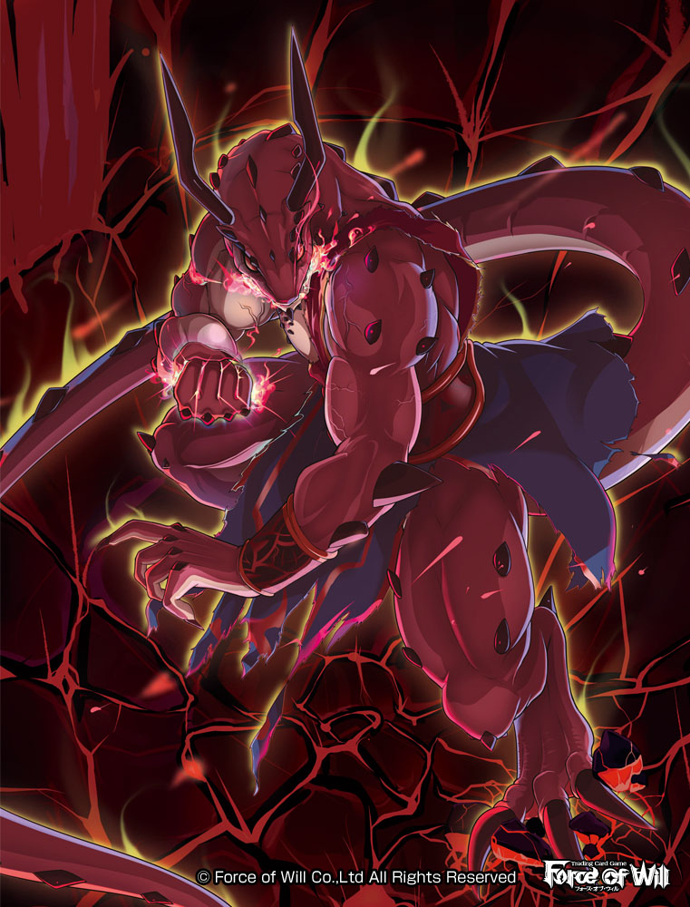 1boy bracelet copyright_name dragon_tail force_of_will furry gajumaru09 glowing glowing_eyes horns jewelry male_focus muscle official_art red_eyes solo tail torn_clothes veins