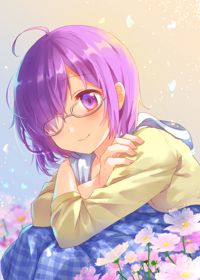 1girl blue_dress crossed_arms dress eyebrows_visible_through_hair fate/grand_order fate_(series) flower glasses hair_over_one_eye jin_rikuri mash_kyrielight pink_flower purple_hair shielder_(fate/grand_order) short_hair sitting smile solo violet_eyes