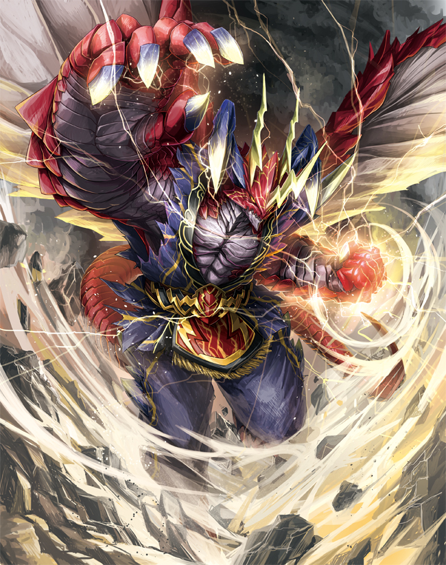 1boy bat_wings cardfight!!_vanguard clouds cloudy_sky company_name dragon dragon_tail electricity furry horns ishida_baru male_focus official_art rock sky smash_boxer_dragon solo tail wings yellow_eyes