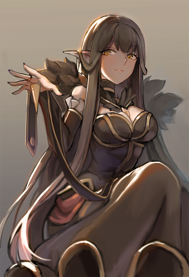 1girl assassin_of_red black_hair breasts cleavage detached_sleeves fate/apocrypha fate_(series) intimus15 long_hair medium_breasts pointy_ears solo very_long_hair yellow_eyes