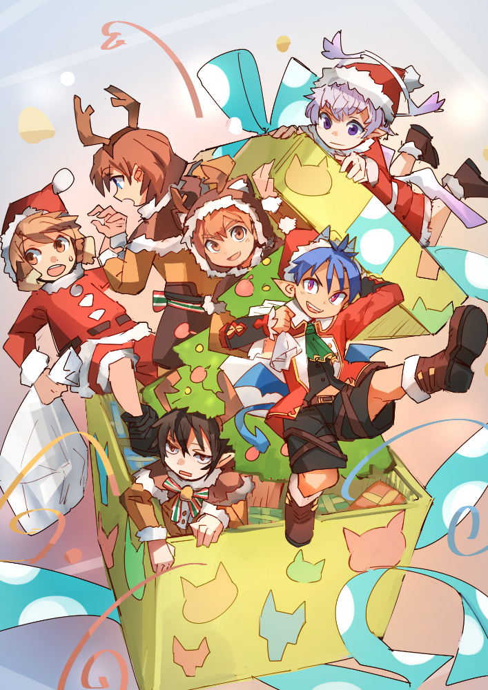 6+boys angel angel_wings animal_costume animal_ears antlers black_hair blue_eyes blush box brown_eyes brown_hair christmas christmas_tree demon_boy dog_ears dogboy eyebrows forked_eyebrows full_body geetgeet gift gift_box halo hat in_box in_container killian_phegor low_wings luke_venus male_focus michael_lancelot mini_wings multiple_boys open_mouth pointy_ears pop-up_story reindeer_antlers reindeer_costume santa_costume santa_hat selim_spark shinigami silver_hair smile tail violet_eyes wings yellow_eyes yuuri_lessen ziz_glover