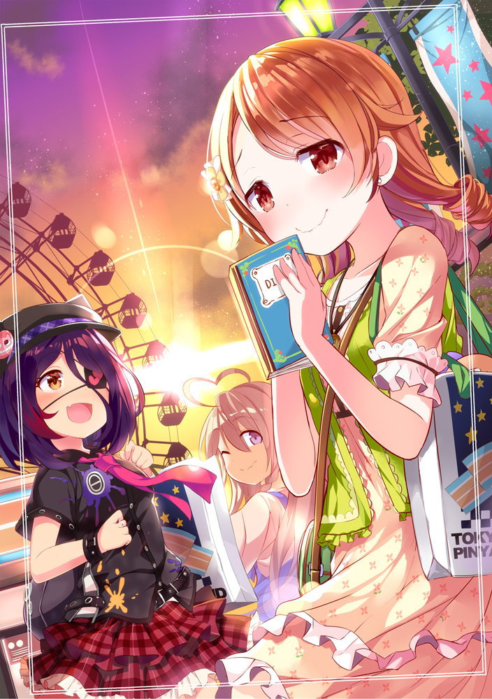 3girls :d ;) ahoge belt black_shirt blush book brown_hair dress dress_shirt dutch_angle earrings eyepatch hayasaka_mirei heart_ahoge holding holding_book hoshi_shouko idolmaster idolmaster_cinderella_girls individuals jewelry layered_skirt long_hair looking_back miniskirt morikubo_nono multicolored_hair multiple_girls necklace necktie one_eye_closed open_mouth outdoors pink_neckwear purple_hair red_eyes redhead shirt short_sleeves silver_hair skirt smile sundress takasaka_donten twilight two-tone_hair violet_eyes