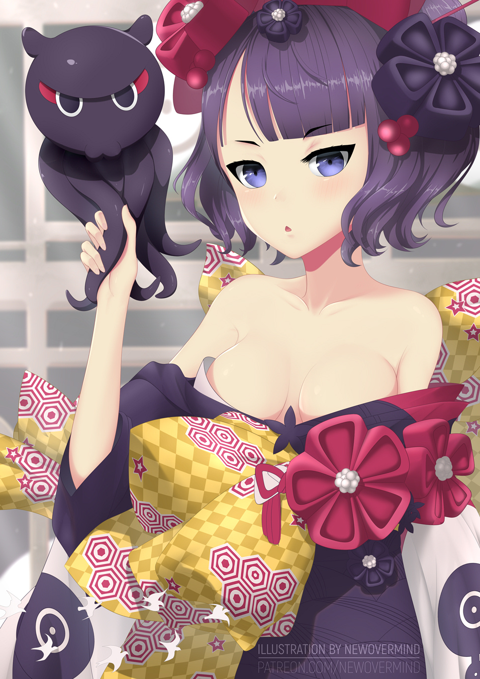 1girl artist_name bare_shoulders black_eyes blue_eyes blush breasts breasts_apart checkered collarbone english eyebrows_visible_through_hair fate/grand_order fate_(series) head_tilt highres holding japanese_clothes katsushika_hokusai_(fate/grand_order) kimono looking_at_viewer medium_breasts newovermind octopus off_shoulder purple_hair short_hair triangle_mouth v-shaped_eyebrows watermark web_address