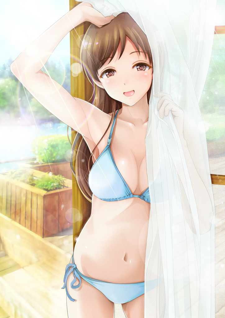 1girl :d arm_up bare_arms bare_shoulders bikini blue_ribbon blush breasts brown_eyes brown_hair bush cleavage collarbone cowboy_shot curtains day eyebrows_visible_through_hair garden idolmaster idolmaster_cinderella_girls kasumi_seiki lens_flare long_hair looking_at_viewer medium_breasts navel nitta_minami open_mouth plant potted_plant rainbow revision ribbon shiny shiny_hair side-tie_bikini smile solo standing stomach sunlight swimsuit tareme traditional_media transparent water window wooden_floor