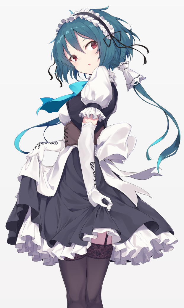 1girl :o apron bangs black_legwear blue_hair breasts chestnut_mouth corset dress elbow_gloves frilled_dress frilled_hairband frills from_behind from_side garter_straps gloves green_hair grey_background hair_ornament hair_tubes lace lace-trimmed_thighhighs long_hair looking_at_viewer looking_away maid maid_headdress medium_breasts monobe_tsukuri original parted_lips ponytail puffy_short_sleeves puffy_sleeves red_eyes short_sleeves simple_background skirt_hold solo standing thigh-highs twisted_torso underbust waist_apron white_gloves