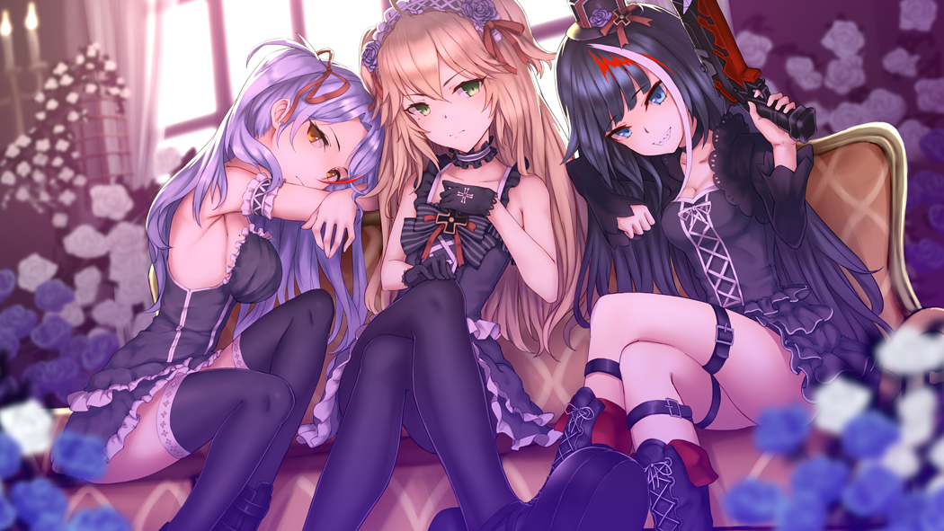 3girls admiral_hipper_(azur_lane) arm_garter arm_rest azur_lane bangs bare_shoulders belt_buckle black_belt black_dress black_footwear black_gloves black_hair black_hat black_legwear blonde_hair blue_eyes blue_flower blurry blurry_background blurry_foreground boots breasts brown_eyes buckle candle candlestand cleavage closed_mouth collarbone commentary_request couch cross-laced_footwear depth_of_field detached_sleeves deutschland_(azur_lane) dress eyebrows_visible_through_hair flower girl_sandwich gloves gothic_lolita green_eyes grin gun hair_between_eyes hair_ribbon hairband hand_on_own_knee hand_up handgun hat head_tilt holding holding_gun holding_weapon indoors iron_cross knee_boots lace lace-trimmed_gloves lace-up_boots leg_belt legs_crossed lolita_fashion lolita_hairband long_hair long_sleeves looking_at_viewer medium_breasts mini_hat mini_top_hat multicolored_hair multiple_girls on_couch one_side_up pantyhose pistol prinz_eugen_(azur_lane) purple_hair red_ribbon redhead revision ribbon ryuinu sandwiched sharp_teeth sitting sleeveless sleeveless_dress smile strapless strapless_dress streaked_hair teeth thigh-highs top_hat very_long_hair weapon white_flower