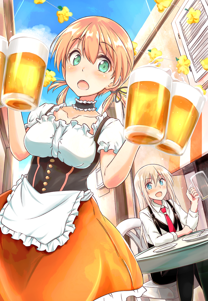 alcohol alternate_costume apron bangs beer beer_mug bismarck_(kantai_collection) black_pants blonde_hair blue_eyes blue_sky blush breasts buttons chains choker collarbone collared_shirt dirndl dress elbow_rest eyebrows_visible_through_hair frilled_choker frills german_clothes hair_between_eyes hair_ornament hair_tie holding_mug kantai_collection large_breasts long_hair looking_at_viewer low_twintails multiple_girls necktie oktoberfest open_mouth outdoors pants plate prinz_eugen_(kantai_collection) raguro red_neckwear shirt sidelocks sitting sky smile suspenders table twintails waist_apron white_shirt window