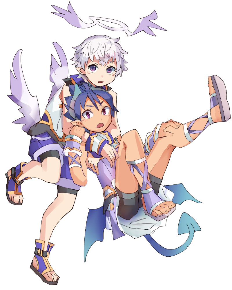 2boys angel angel_wings bike_shorts blue_hair blush cosplay costume_switch demon_boy demon_tail demon_wings full_body geetgeet halo horns looking_at_viewer low_wings luke_venus male_focus mini_wings multiple_boys open_mouth pointy_ears pop-up_story sandals school_uniform silver_hair tail violet_eyes wings ziz_glover