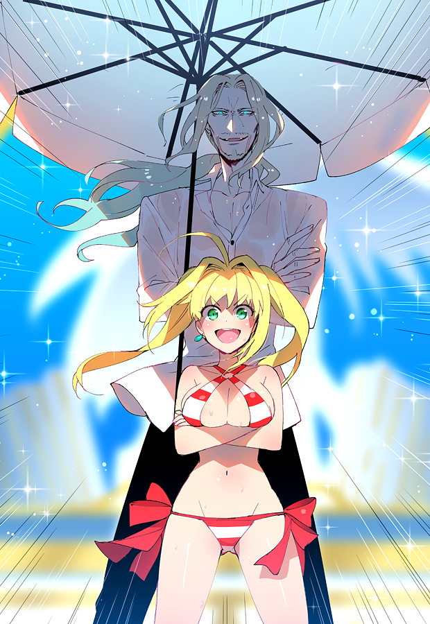 1boy 1girl beard blonde_hair breasts cleavage facial_hair fate/apocrypha fate/extra fate/grand_order fate_(series) koshiro_itsuki lancer_of_black long_hair nero_claudius_(fate) nero_claudius_(fate)_(all) saber_extra short_hair swimsuit vlad_iii_(fate/apocrypha)