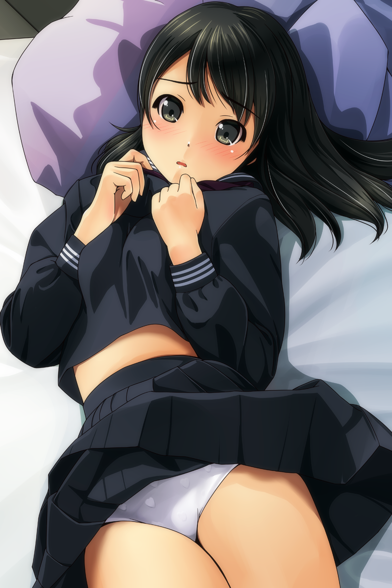 1girl bed_sheet black_hair black_serafuku black_shirt black_skirt blush breast_squeeze breasts cowboy_shot embarrassed eyebrows_visible_through_hair green_eyes heart heart_print highres long_hair long_sleeves looking_at_viewer lying matsunaga_kouyou medium_breasts on_back on_bed original panties pantyshot pantyshot_(lying) pillow pleated_skirt print_panties raised_eyebrows school_uniform serafuku shiny shiny_hair shirt skirt straight_hair tareme thighs underwear upskirt white_panties