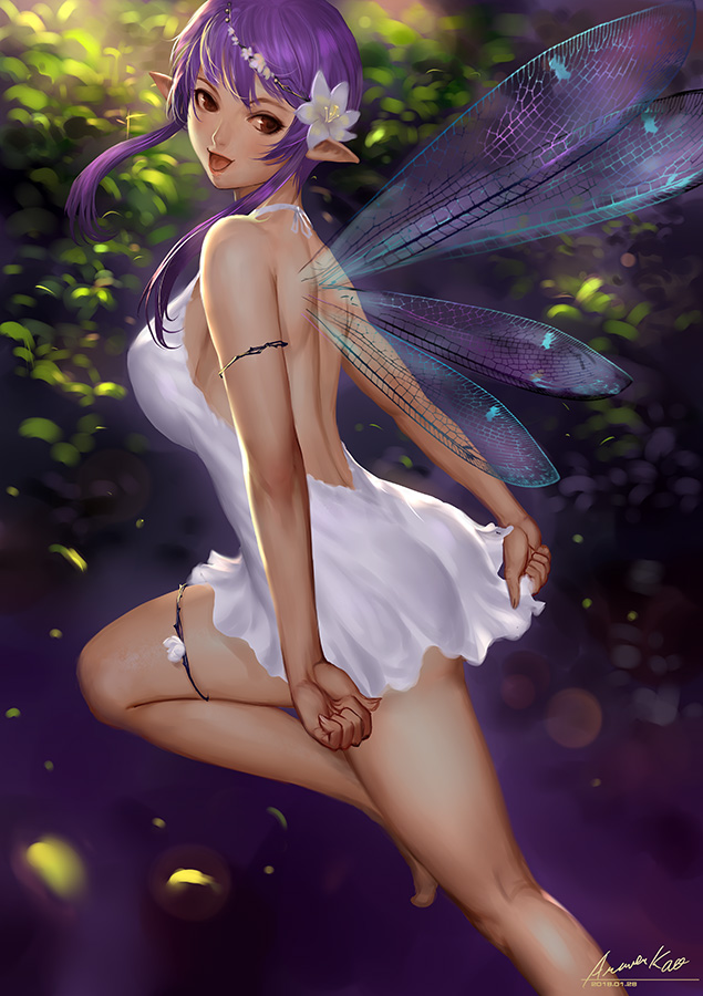 1girl ariverkao armlet backless_outfit barefoot breasts brown_eyes dated dress fairy_wings flower hair_flower hair_ornament large_breasts looking_at_viewer looking_back open-back_dress open_mouth original pointy_ears purple_hair short_hair_with_long_locks signature solo thighlet white_dress wings