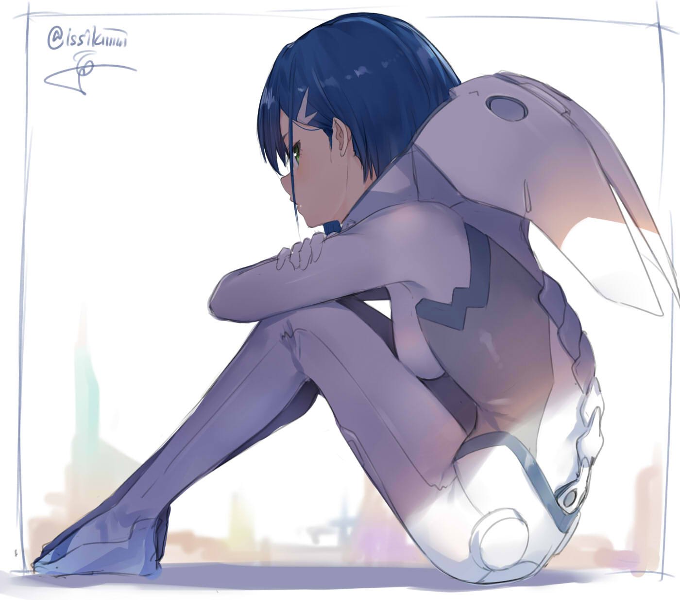 1girl arm_rest blurry blurry_background blush bodysuit braid breasts closed_mouth darling_in_the_franxx from_side full_body hair_ornament hairclip hand_on_own_arm highres ichigo_(darling_in_the_franxx) isshiki_(ffmania7) knees_up looking_at_viewer looking_to_the_side profile short_hair side_glance signature sitting skin_tight small_breasts solo twin_braids white_bodysuit