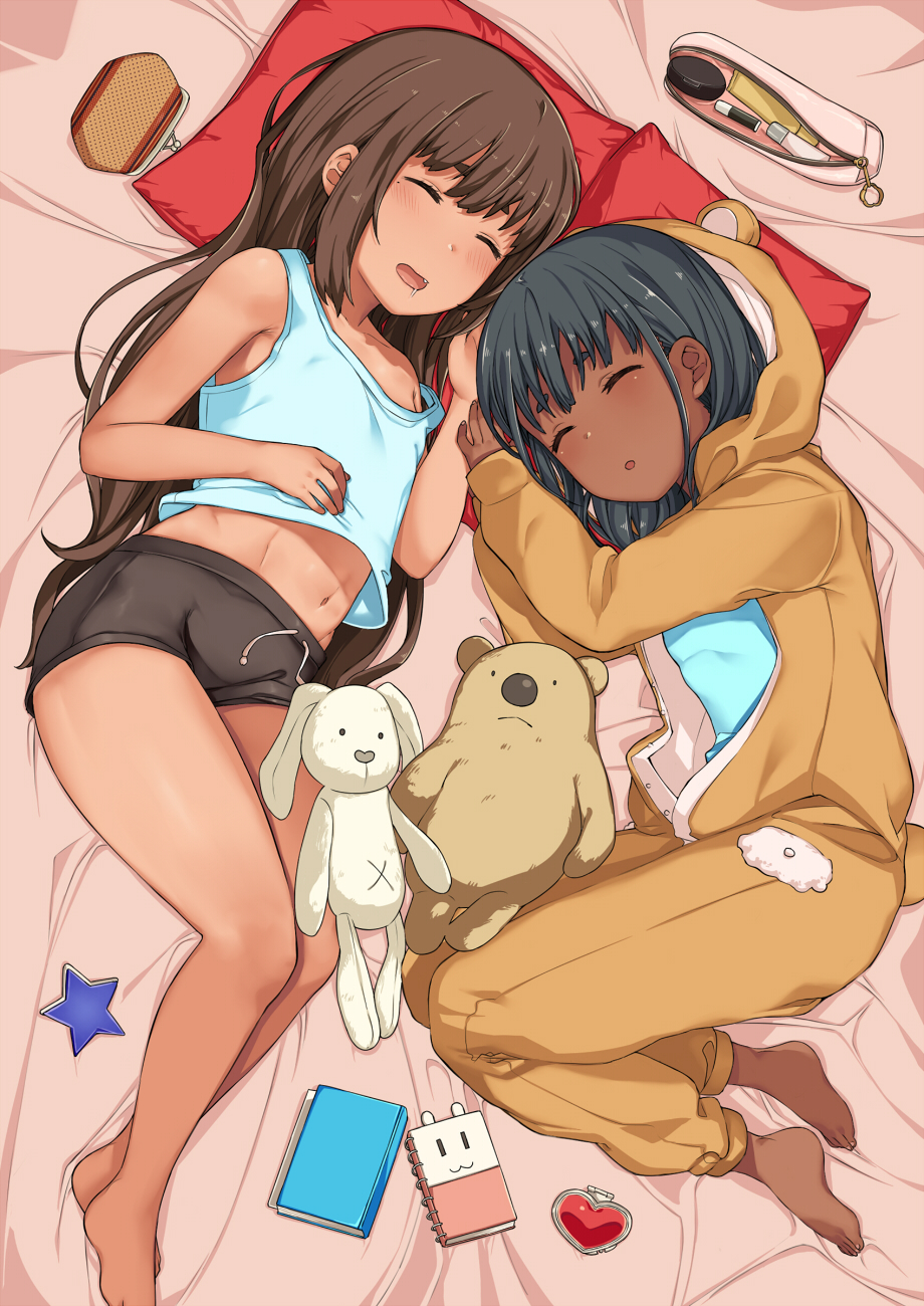 2girls animal_costume animal_hood bare_shoulders barefoot bear_costume bed_sheet black_hair black_shorts blue_shirt blush brown_hair closed_eyes commentary_request dark_skin diary drooling fang hai_ookami heart highres hood hood_up long_hair long_sleeves lying midriff mole mole_under_eye multiple_girls navel on_bed on_side open_mouth original red_pillow revision saliva shirt shorts sleeping star stuffed_animal stuffed_bunny stuffed_toy tan tank_top thick_eyebrows very_long_hair