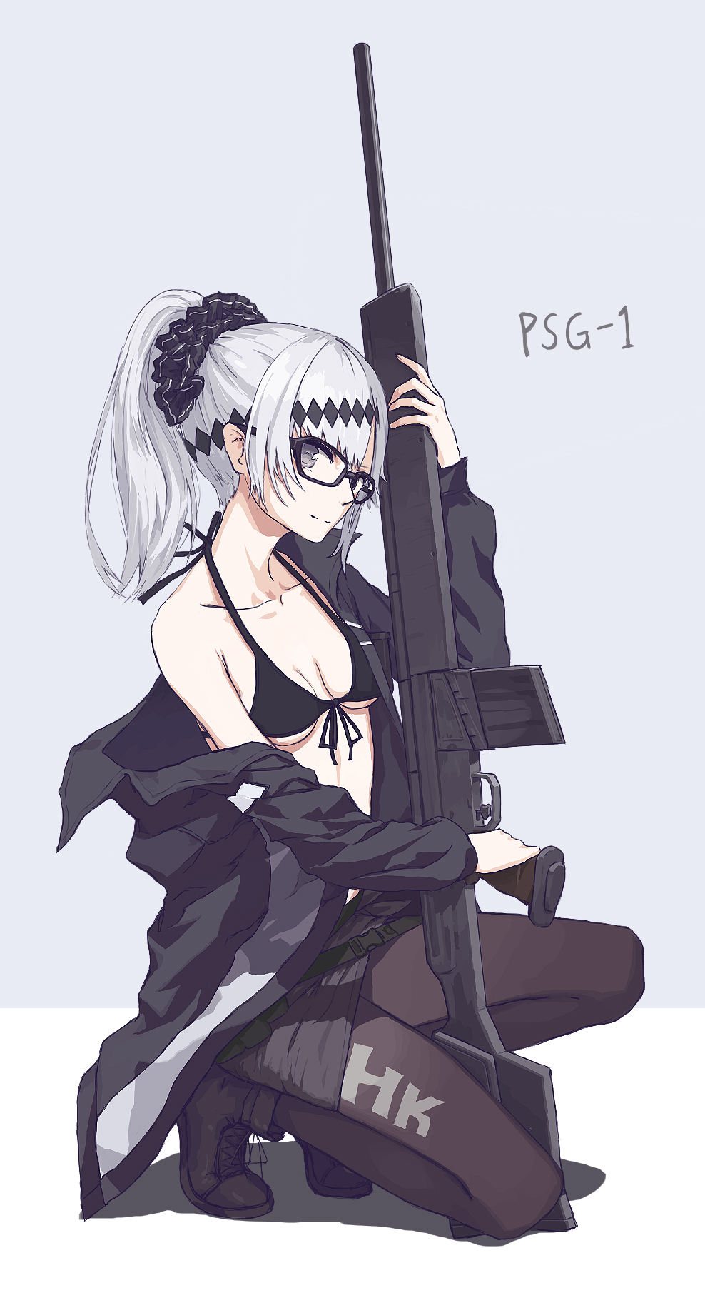 1girl ankle_boots bikini_top black-framed_eyewear black_bikini_top black_footwear black_jacket boots breasts buckle clothes_writing cross-laced_footwear full_body girls_frontline glasses gun hair_ornament heckler_&amp;_koch highres holding holding_gun holding_weapon jacket lace-up_boots looking_at_viewer magazine_(weapon) medium_breasts off_shoulder one_knee open_clothes open_jacket open_mouth pantyhose papaia_(quentingqoo) ponytail psg-1 psg-1_(girls_frontline) rifle scope scrunchie sniper_rifle solo squatting strap weapon