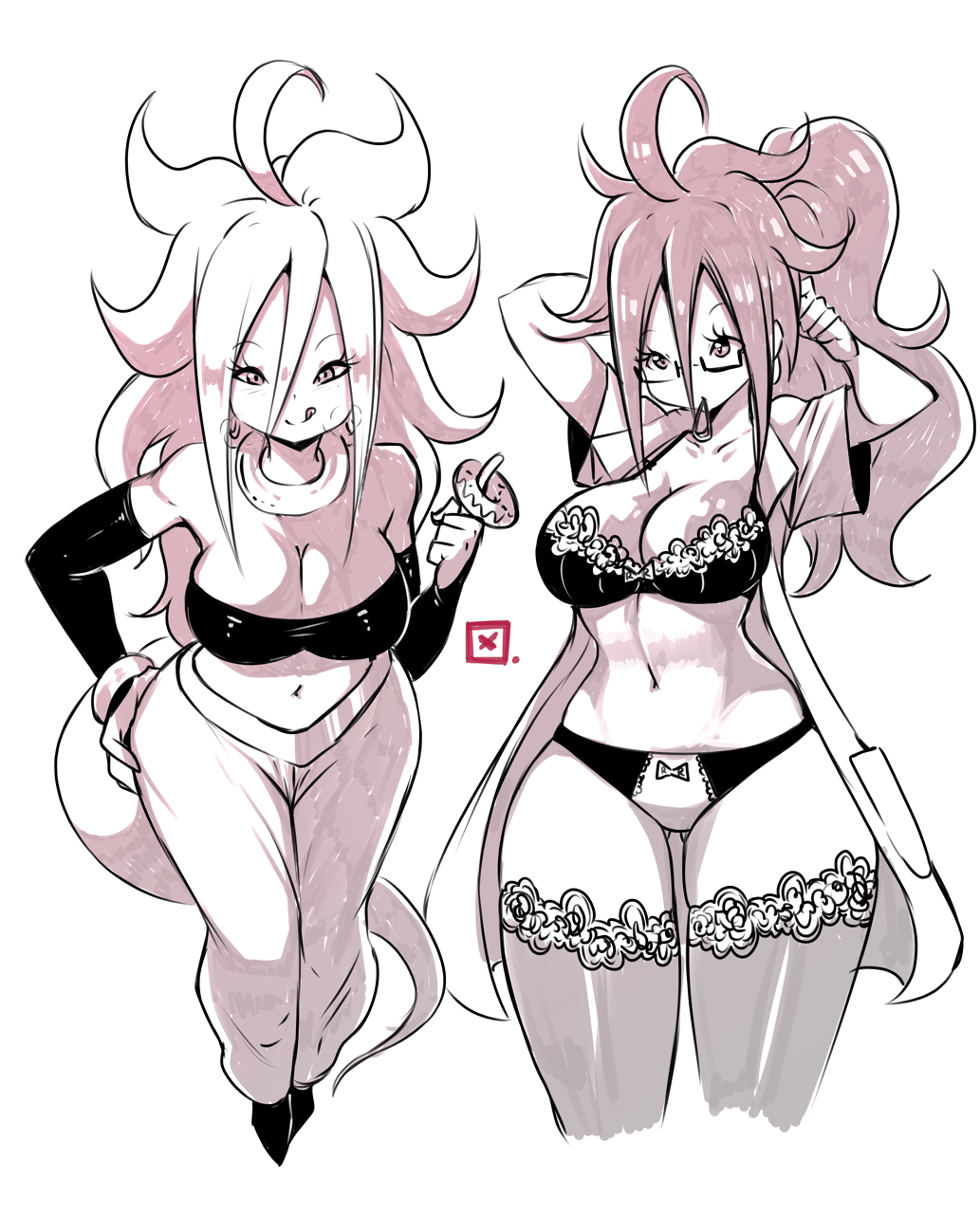 2girls :d ahoge alternate_form android_21 bandeau bow bow_panties bra breasts cleavage doughnut dragon_ball dragon_ball_fighterz drawn dual_persona food glasses greyscale harem_pants highres kenron_toqueen lace lace-trimmed_bra lace-trimmed_thighhighs licking_lips looking_at_viewer majin_android_21 messy_hair monochrome multiple_girls open_clothes open_mouth open_shirt panties pants shirt smile tail thigh-highs tongue tongue_out underwear