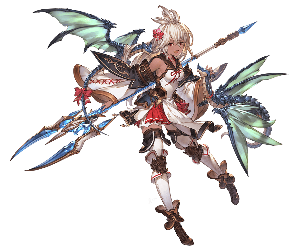 1girl bangs bare_shoulders bell bell_collar boots bow bowtie collar dark_skin dragon dragon_tail dragon_wings full_body granblue_fantasy hair_ornament holding holding_weapon knee_pads long_hair looking_at_viewer minaba_hideo official_art open_mouth pleated_skirt polearm red_eyes ribbon skirt tail the_order_grande thigh-highs transparent_background weapon wide_sleeves wings zettai_ryouiki