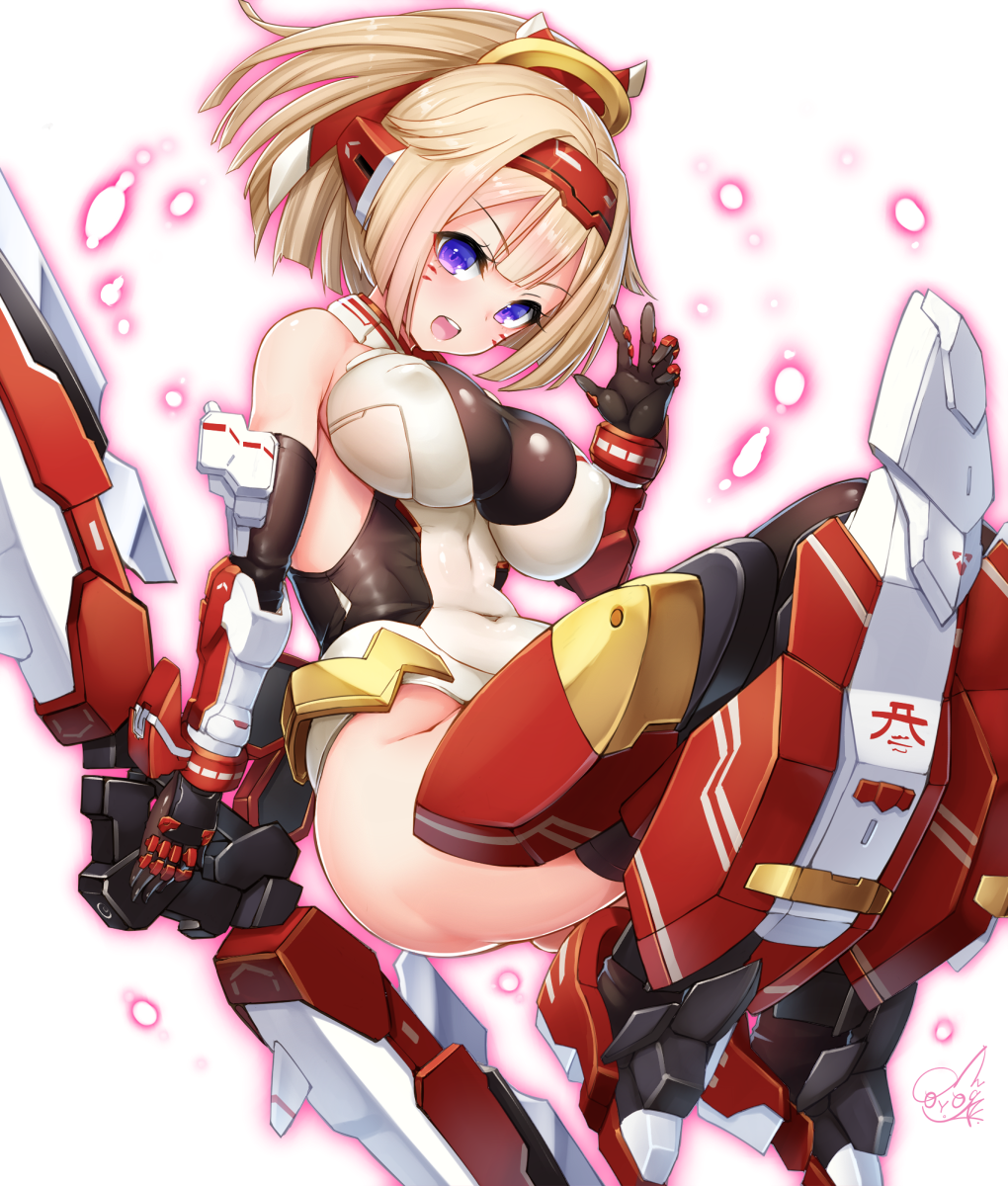 1girl asura_archer bare_shoulders black_gloves blonde_hair blue_eyes bow_(weapon) breasts covered_navel doyouwantto elbow_gloves erect_nipples facial_mark full_body gauntlets gloves hair_ribbon hairband highres holding holding_bow_(weapon) holding_weapon impossible_clothes impossible_leotard knees_up large_breasts legs_together leotard looking_at_viewer mecha_musume megami_device open_mouth ribbon shiny shiny_clothes shiny_hair shiny_skin skin_tight solo teeth weapon white_legwear