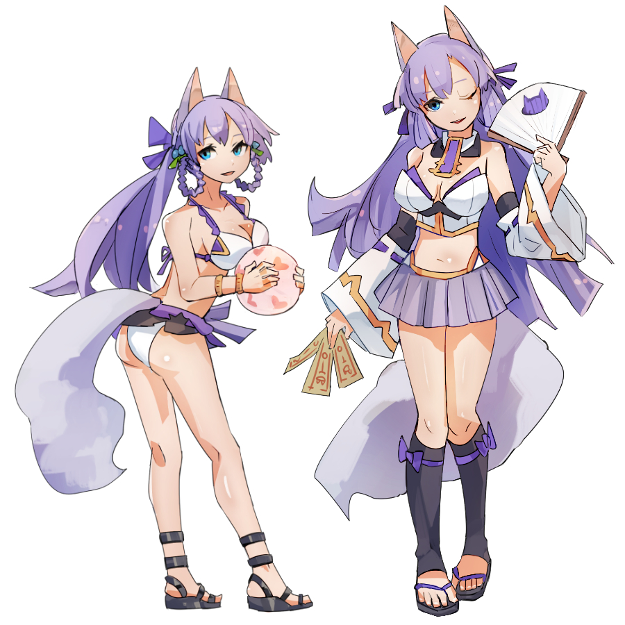 1girl animal_ears ball beachball bikini blue_eyes breasts fox_ears fox_girl fox_tail geetgeet inaria_izina long_hair one_eye_closed open_mouth pleated_skirt pop-up_story sandals school_uniform skirt smile solo swimsuit tail younger