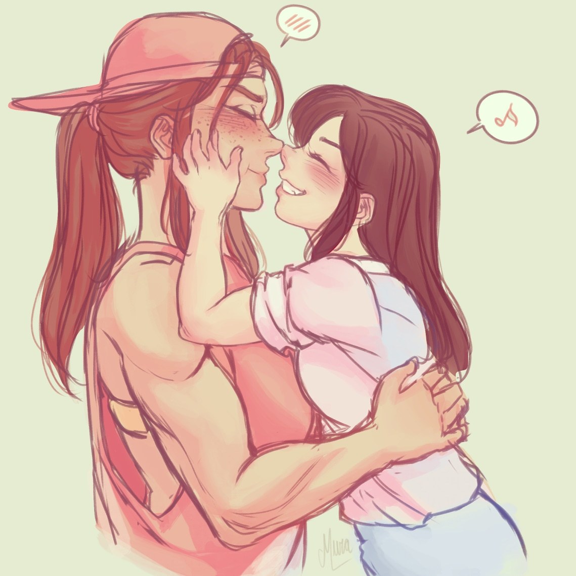 2girls backwards_hat blush brigitte_(overwatch) brown_hair casual closed_eyes d.va_(overwatch) freckles grin hat hug long_hair multiple_girls murasaki-yuri muscle muscular_female musical_note noses_touching overwatch ponytail simple_background smile speech_bubble spoken_musical_note teeth white_background yuri