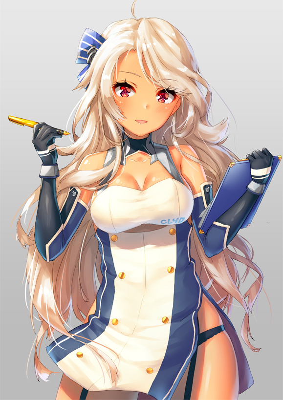 1girl ahoge azur_lane bare_shoulders black_gloves black_panties blonde_hair blush bow breasts brooklyn_(azur_lane) buttons cleavage clipboard collarbone dark_skin detached_sleeves dress elbow_gloves eyebrows_visible_through_hair eyelashes fountain_pen garter_straps gloves grey_background hair_bow hair_ornament halter_dress head_tilt holding holding_clipboard holding_pen large_breasts long_hair looking_at_viewer medium_breasts messy_hair open_mouth panties pen pensuke red_eyes shiny shiny_skin short_dress side_slit simple_background skindentation smile solo standing striped striped_bow thighs underboob_cutout underbust underwear very_long_hair wavy_hair wind wind_lift