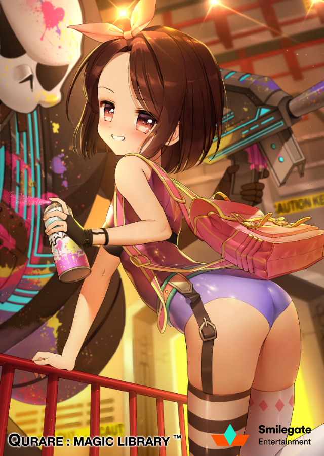 1girl :d ass backpack bag bangs bare_shoulders beige_ribbon black_gloves blurry blurry_background blush breasts brown_eyes brown_hair can commentary_request depth_of_field eyebrows_visible_through_hair fingerless_gloves gloves grin hair_ribbon holding holding_can leaning_forward leotard looking_at_viewer looking_to_the_side mismatched_legwear official_art open_mouth purple_leotard qurare_magic_library red_skirt ribbon shirt siloteddy skirt sleeveless sleeveless_shirt small_breasts smile solo spray_can standing standing_on_one_leg striped striped_legwear white_legwear