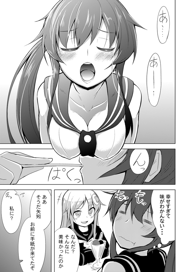 2girls breasts cleavage closed_eyes comic crescent crescent_hair_ornament eyebrows_visible_through_hair food greyscale hair_between_eyes hair_ornament hanging_breasts holding holding_spoon ice_cream ichimi kantai_collection long_hair medium_breasts monochrome multiple_girls nagatsuki_(kantai_collection) open_mouth ponytail school_uniform serafuku smile spoon spoon_in_mouth translation_request yahagi_(kantai_collection)
