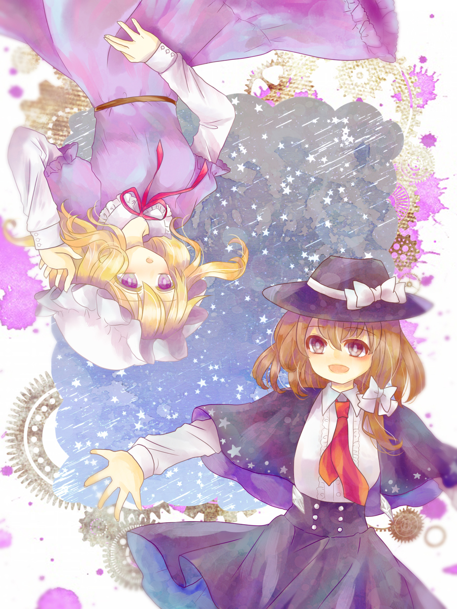 2girls blonde_hair brown_eyes brown_hair capelet dress hair_ribbon hat highres hika_(baby_berry) maribel_hearn mob_cap multiple_girls necktie open_mouth purple_dress ribbon short_hair skirt smile touhou upside-down usami_renko violet_eyes