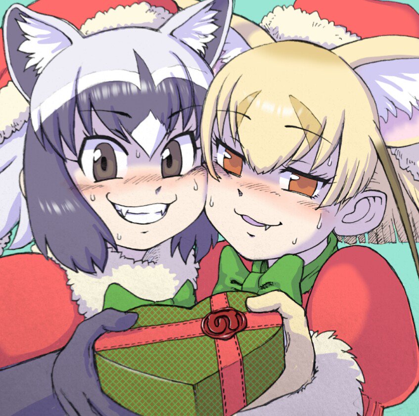 2girls animal_ears aqua_background bangs black_gloves black_hair blonde_hair blush bow bowtie brown_eyes cheek-to-cheek cheek_squash common_raccoon_(kemono_friends) eyebrows eyebrows_visible_through_hair eyelashes facing_another fennec_(kemono_friends) fox_ears fur_collar fur_trim gift gloves green_bow green_neckwear grin hair_between_eyes hat heart holding japari_symbol kemono_friends kouson_q looking_at_viewer multicolored_hair multiple_girls nose_blush open_mouth orange_eyes puffy_sleeves raccoon_ears red_hat santa_costume santa_hat short_hair silver_hair simple_background smile sweat teeth tsurime upper_body white_hair