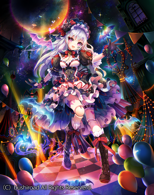 1girl balloon bat boots bow breasts cardfight!!_vanguard cleavage company_name facial_mark flower gloves hat heart joints long_hair moon nemusuke night night_sky nightmare_doll_gerda official_art open_mouth rose sky solo sparkle star_(sky) tattoo violet_eyes white_hair