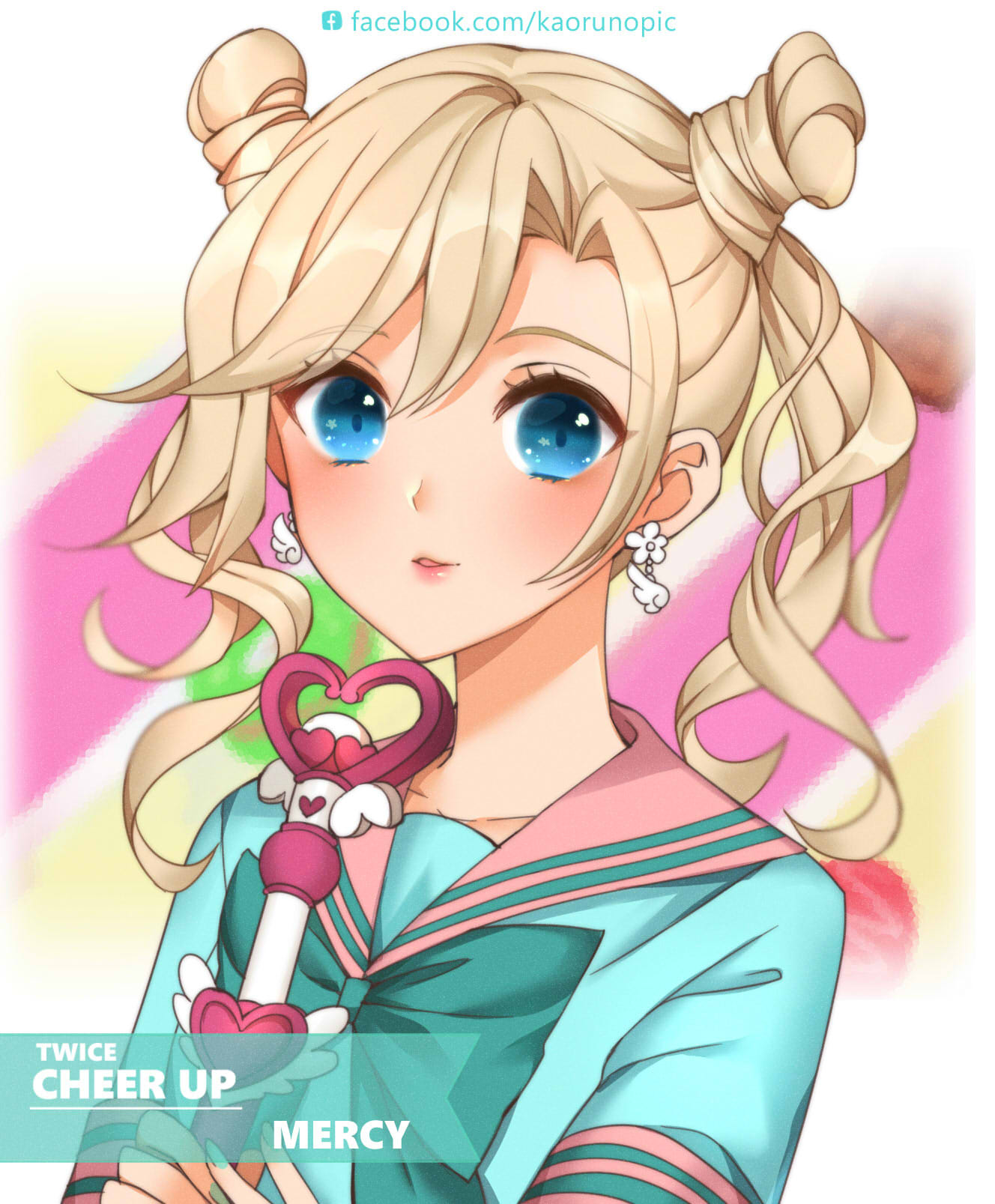 1girl alternate_costume alternate_hairstyle aqua_bow aqua_nails aqua_shirt atobesakunolove bangs blue_eyes blush bow double_bun earrings english eyebrows_visible_through_hair heart highres holding holding_wand jewelry lips long_hair looking_at_viewer mercy_(overwatch) multicolored multicolored_background nail_polish overwatch pink_sailor_collar sailor_collar school_uniform serafuku shirt smile solo wand watermark wavy_hair web_address wing_earrings