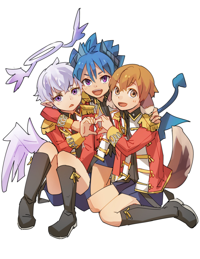 3boys angel angel_wings animal_ears blue_hair blush boots brown_hair demon_boy demon_tail demon_wings dog_ears dog_tail full_body geetgeet halo heart heart_hands heart_hands_duo horns looking_at_viewer low_wings luke_venus male_focus mini_wings multiple_boys open_mouth pointy_ears pop-up_story shorts silver_hair smile tail violet_eyes wings yuuri_lessen ziz_glover