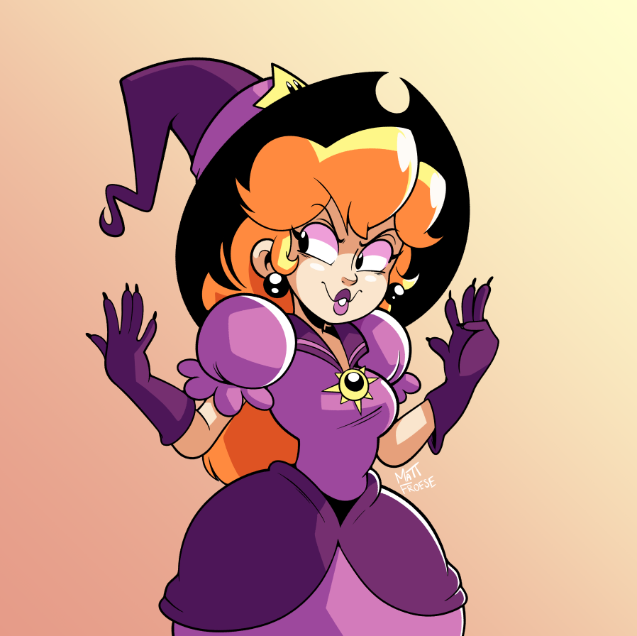 blonde_hair dress earrings gloves hat jewelry lipstick looking_to_the_side makeup matt_froese princess_peach purple_dress purple_gloves purple_lips super_mario_bros. witch_hat