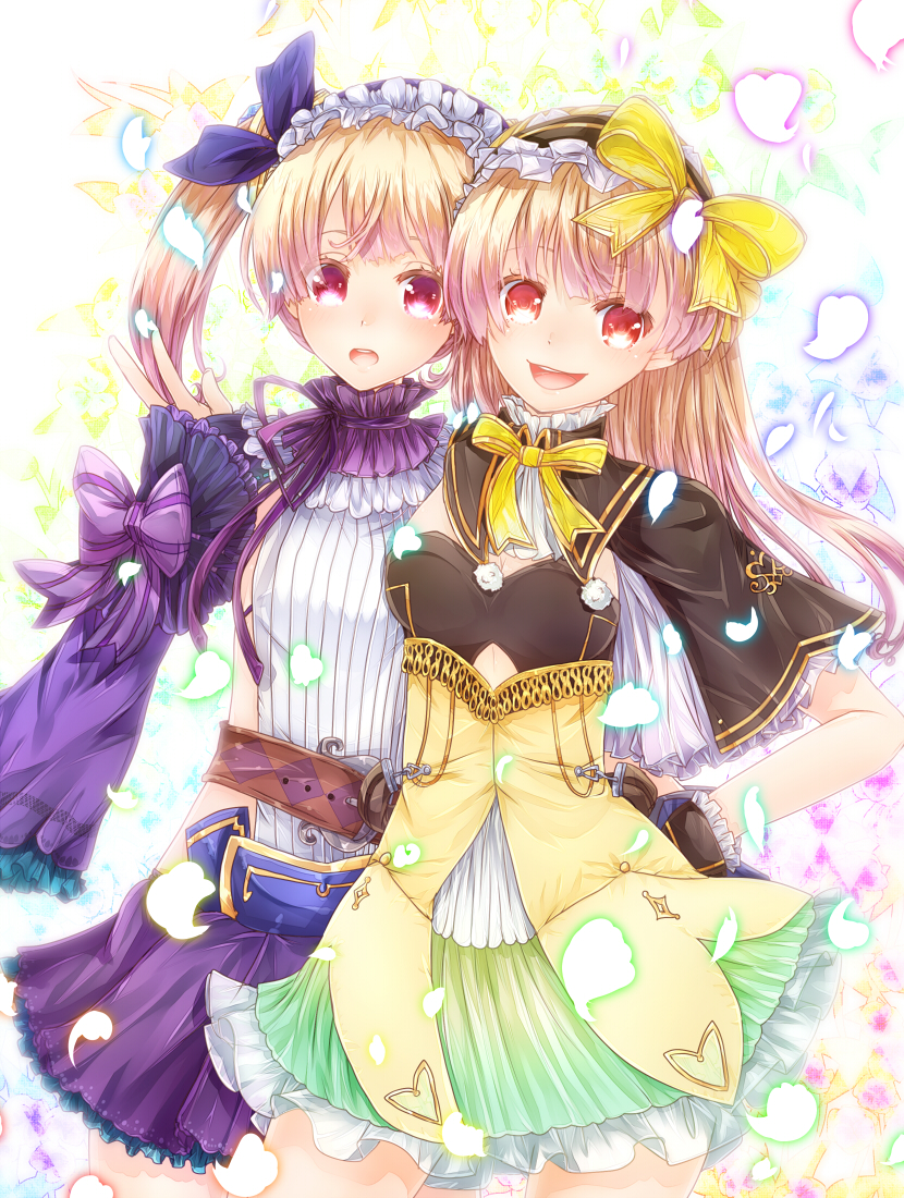 2girls :d atelier_(series) atelier_lydie_&amp;_suelle belt black_capelet bow capelet cowboy_shot frilled_hairband green_skirt hair_bow hairband hand_on_hip long_hair looking_at_viewer lydie_marlen multiple_girls open_mouth petals pink_hair purple_bow red_eyes short_hair siblings side_ponytail sisters siyusiyu13 skirt smile suelle_marlen twins violet_eyes yellow_bow