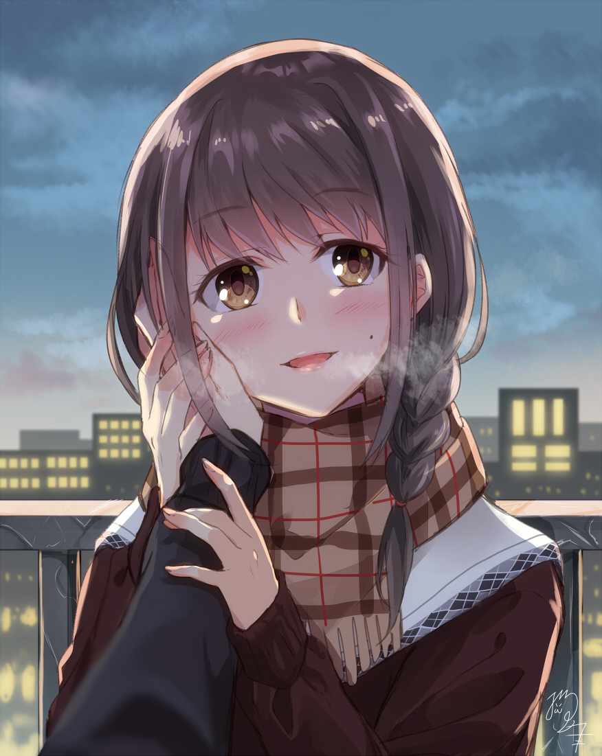 1girl :d backlighting bangs blush braid breath brown_eyes brown_hair brown_scarf brown_sweater cityscape clouds cloudy_sky evening eyebrows_visible_through_hair fringe hair_over_shoulder hair_tie hand_on_another's_cheek hand_on_another's_face head_tilt holding_hand long_hair long_sleeves looking_at_viewer mole mole_under_eye nekozuki_yuki open_mouth original plaid plaid_scarf pov scarf shiny shiny_hair signature single_braid sky sleeves_past_wrists smile solo_focus tareme upper_body