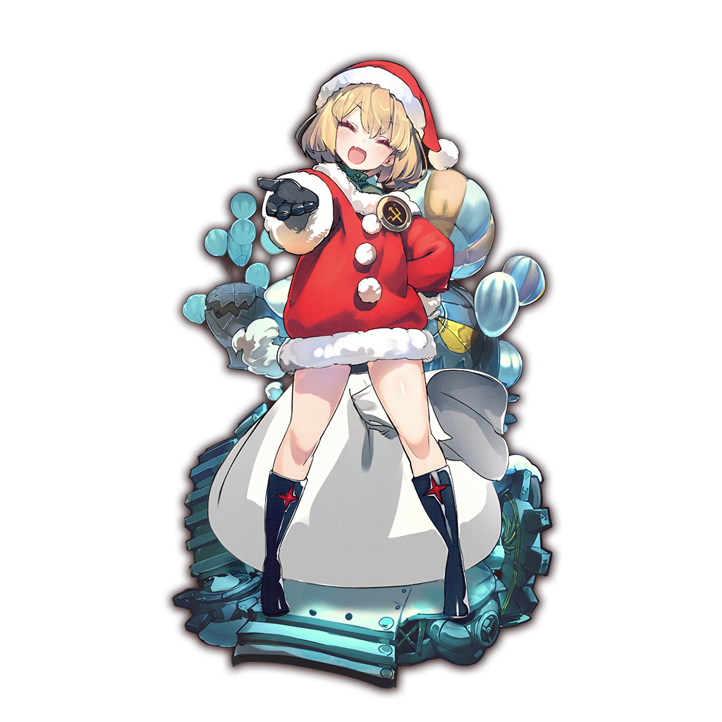 1girl badge black_gloves black_legwear blonde_hair blush boots closed_eyes full_body fur_trim gloves hand_on_hip hat last_period long_sleeves official_art open_mouth outstretched_arm sack santa_costume santa_hat short_hair solo standing