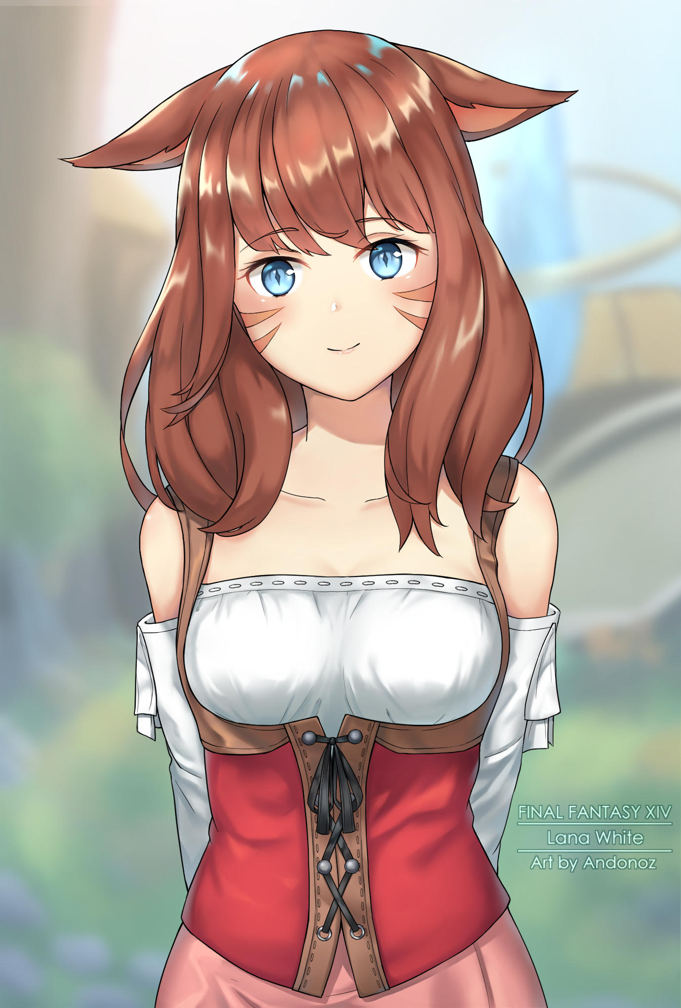 1girl andonoz animal_ears blue_eyes blurry blurry_background brown_hair cat_ears detached_sleeves facial_mark final_fantasy final_fantasy_xiv highres long_hair looking_at_viewer miqo'te slit_pupils smile solo whisker_markings