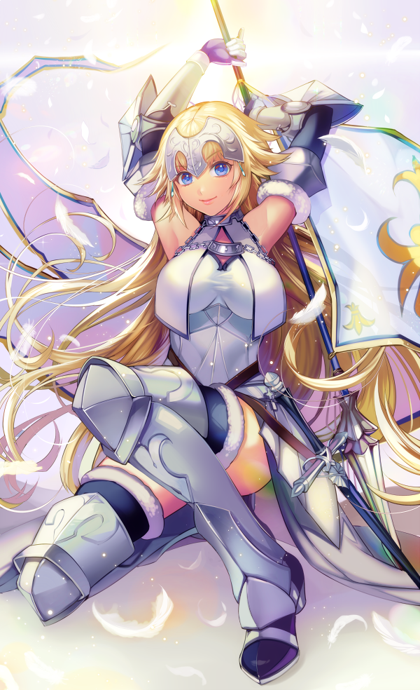 1girl armor armored_boots armpits arms_up bangs banner black_legwear blonde_hair blue_eyes boots breasts chains check_commentary closed_mouth commentary_request diffraction_spikes elbow_gloves eyebrows_visible_through_hair falling_feathers fate/grand_order fate_(series) faulds floating_hair full_body fur-trimmed_gloves fur-trimmed_legwear fur_trim gauntlets gloves glowing glowing_feathers hair_flaps halterneck headpiece holding jeanne_d'arc_(fate) jeanne_d'arc_(fate)_(all) large_breasts light_particles long_hair looking_at_viewer matsurika_youko parted_lips plackart scabbard sheath sheathed shiny shiny_hair sidelocks sky smile solo sun sunlight sword taut_clothes thigh-highs thigh_boots thighs very_long_hair weapon white_feathers