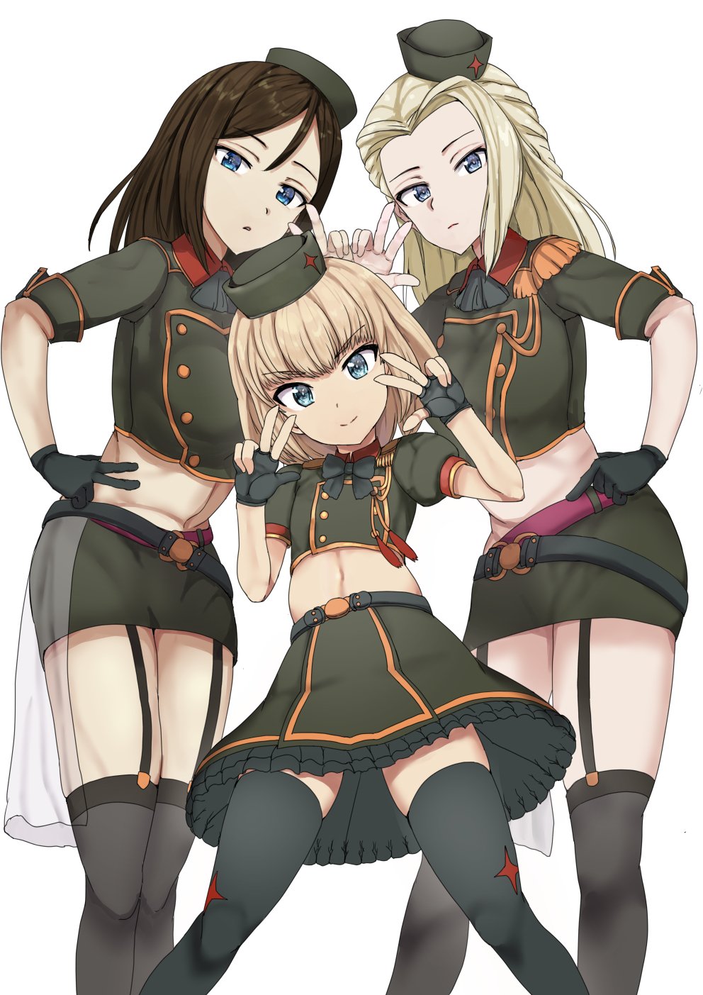 3girls adapted_costume bangs black_gloves black_hair black_legwear blonde_hair blue_eyes clara_(girls_und_panzer) double_v epaulettes frilled_skirt frills garrison_cap garter_straps girls_und_panzer gloves green_skirt hat highres katyusha long_hair looking_at_viewer midriff miniskirt multiple_girls nonna pravda_military_uniform short_hair sikijou77o simple_background skirt standing swept_bangs thigh-highs v white_background