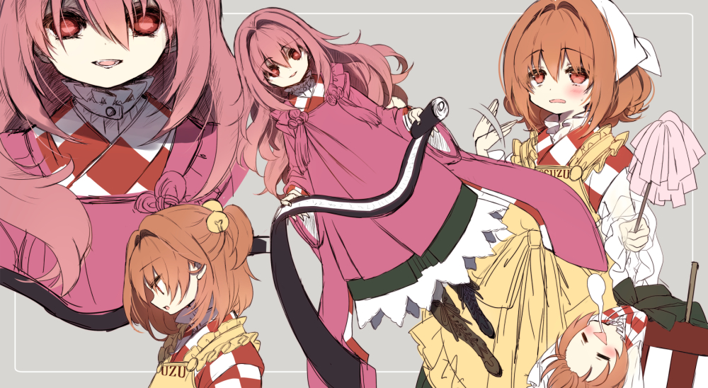1girl apron bell checkered checkered_kimono duster forbidden_scrollery grey_background hair_bell hair_ornament holding japanese_clothes jingle_bell kimono looking_at_viewer motoori_kosuzu multiple_views orange_hair pink_hair piyokichi red_eyes scroll simple_background spoilers touhou