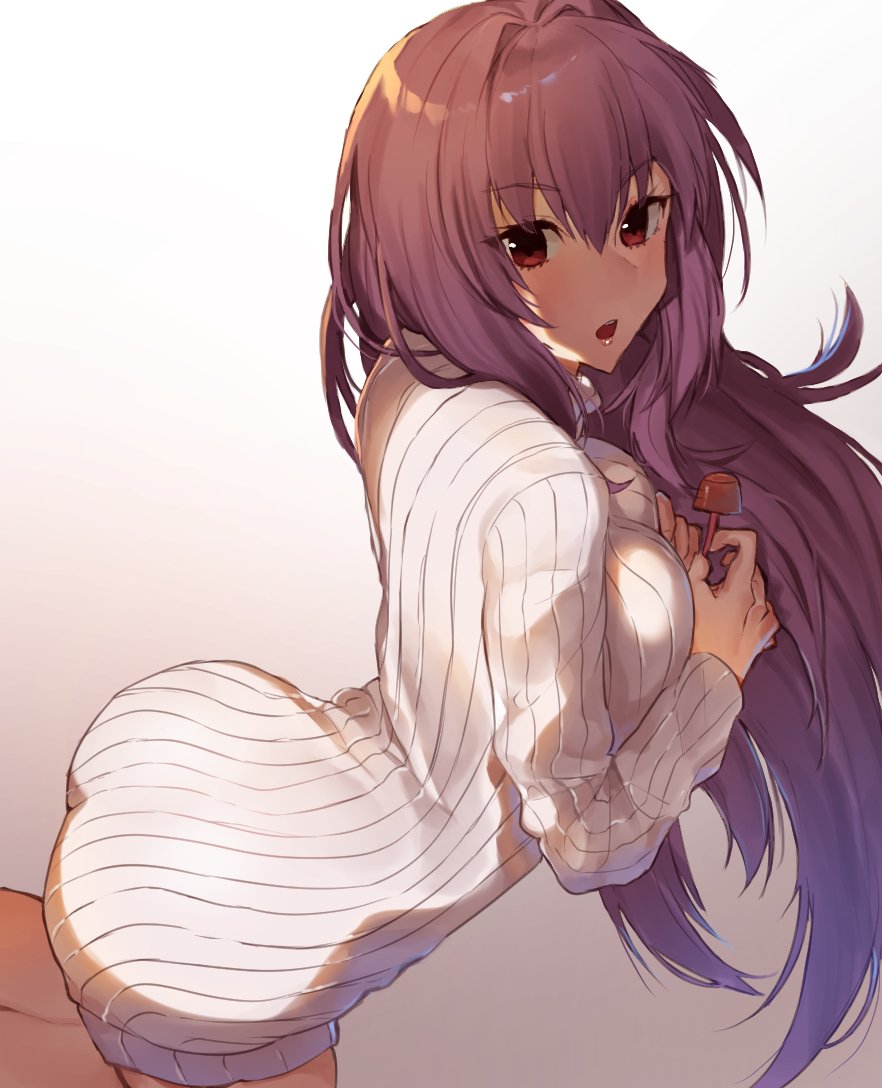 1girl amakaze arched_back ass bangs bare_legs breasts eyebrows eyebrows_visible_through_hair eyelashes eyes_visible_through_hair facing_away fate/grand_order fate_(series) gradient gradient_background hair_between_eyes hair_intakes kneeling legs_together lips long_hair long_sleeves looking_at_viewer medium_breasts open_mouth purple_hair red_eyes ribbed_sweater scathach_(fate/grand_order) solo sweater teeth tsurime turtleneck turtleneck_sweater white_sweater