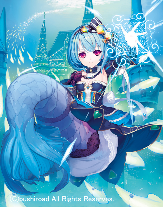 1girl blue_hair bow breasts cardfight!!_vanguard chouchou_namig cleavage company_name hairband magic_circle mermaid monster_girl official_art pink_eyes saitou_takeo solo sparkle squid star star-shaped_pupils symbol-shaped_pupils underwater
