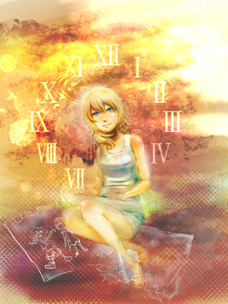 1girl bad_id bad_pixiv_id blonde_hair blue_eyes breasts closed_mouth dress kingdom_hearts kingdom_hearts_ii namine shirt short_hair solo sora_(kingdom_hearts) sundress white_dress white_shirt