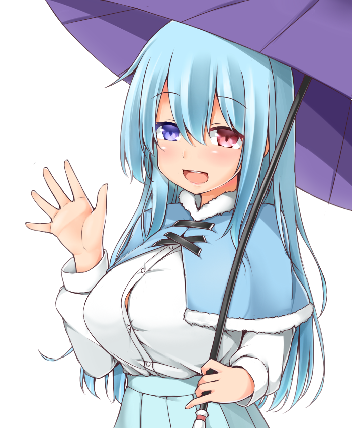 1girl :d alternate_hair_length alternate_hairstyle blue_eyes blue_hair blue_skirt blush breasts buttons capelet commentary_request eyebrows_visible_through_hair garasuita heterochromia holding holding_umbrella large_breasts long_hair long_sleeves looking_at_viewer older open_mouth pleated_skirt red_eyes shirt simple_background skirt smile solo tatara_kogasa touhou umbrella upper_body waving white_background white_shirt