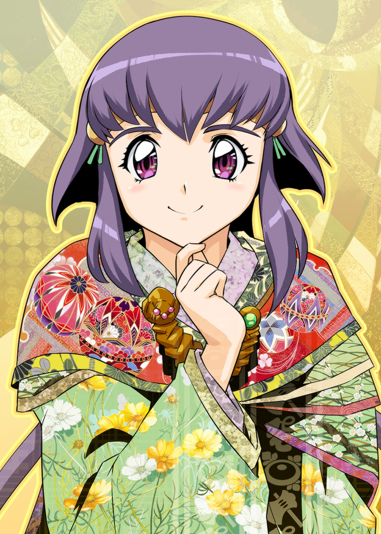 1girl hand_on_own_chin japanese_clothes kimono long_hair long_sleeves masaki_aeka_jurai purple_hair solo tenchi_muyou! tiara ueyama_michirou upper_body violet_eyes wide_sleeves