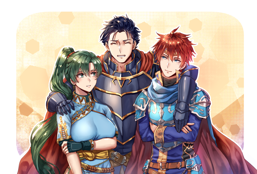 1girl 2boys ahoge arm_around_neck armor bangs belt belt_buckle black_gloves black_hair blue_dress blue_eyes blue_hair blue_scarf blush breast_hold breastplate breasts buckle cape closed_eyes closed_mouth crossed_arms dress eliwood_(fire_emblem) facing_viewer faulds fingerless_gloves fire_emblem fire_emblem:_rekka_no_ken fire_emblem_heroes forehead_protector gauntlets gloves green_eyes green_hair hair_tie hand_on_another's_shoulder hand_on_own_arm head_tilt hector_(fire_emblem) hexagon high_ponytail long_hair long_sleeves looking_to_the_side lyndis_(fire_emblem) medium_breasts multiple_boys parted_bangs parted_lips pauldrons ponytail red_gloves redhead sash scarf shiny shiny_hair short_hair short_sleeves shoulder_armor smile upper_body wanini