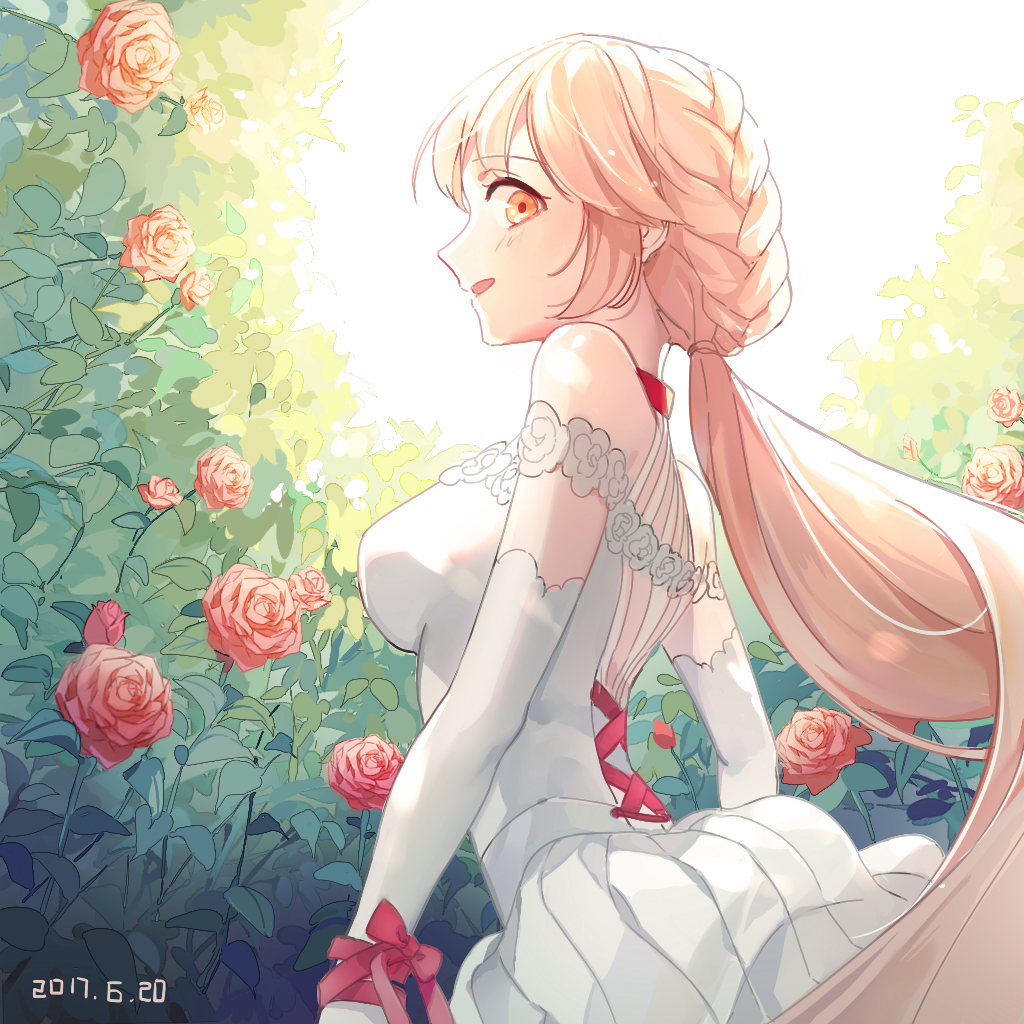 1girl 2017 bare_shoulders blonde_hair bush dated dress elbow_gloves flower from_side girls_frontline gloves kotoba_(610430468) long_hair looking_at_viewer low_ponytail orange_eyes ots-14_(girls_frontline) outdoors profile red_flower red_rose rose rose_bush solo sunlight very_long_hair white_dress yellow_eyes